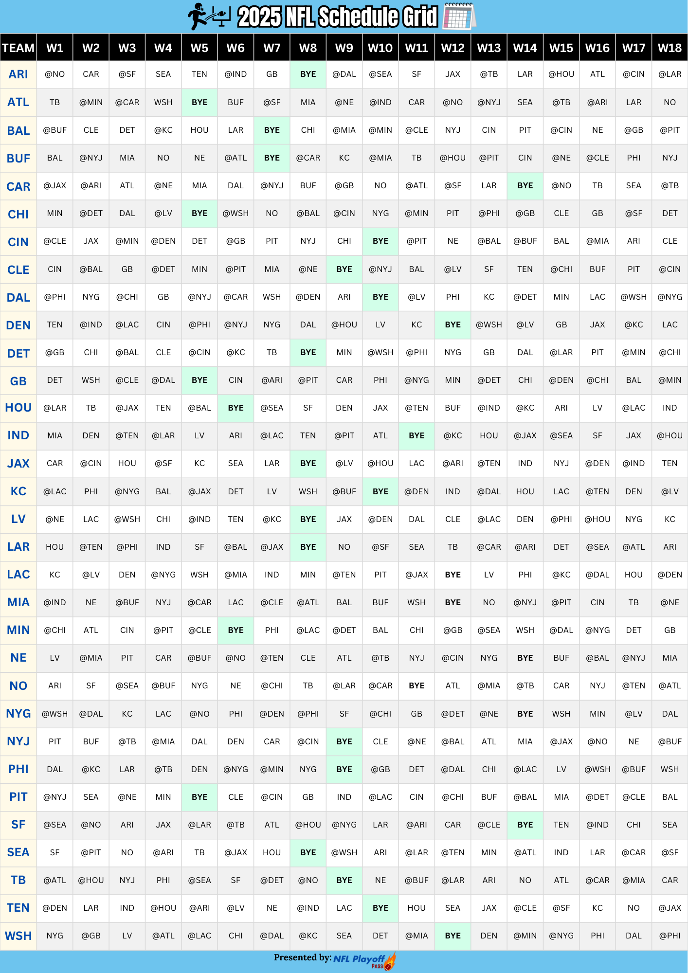 Printable NFL Schedule Grid 2025