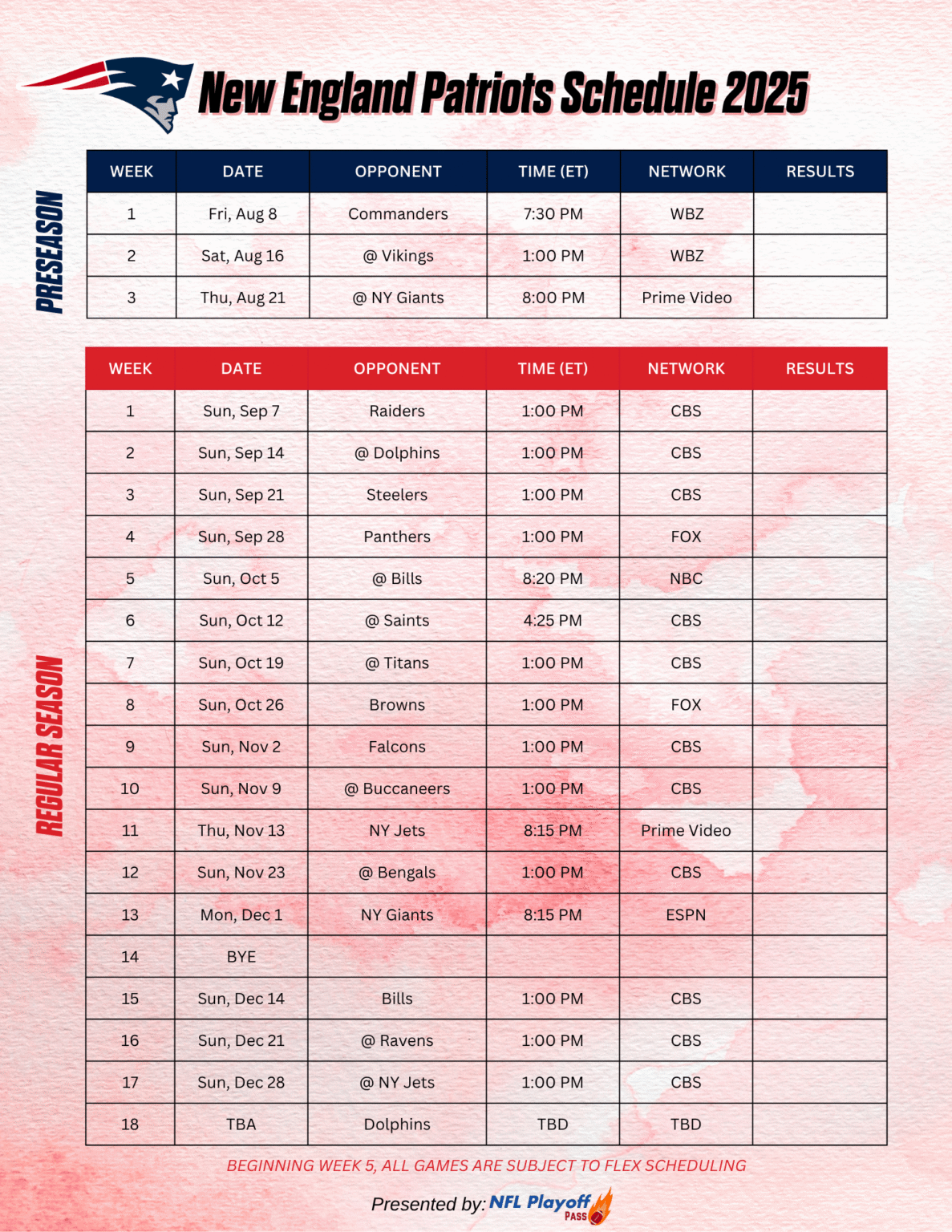 Printable Patriots Schedule 2027