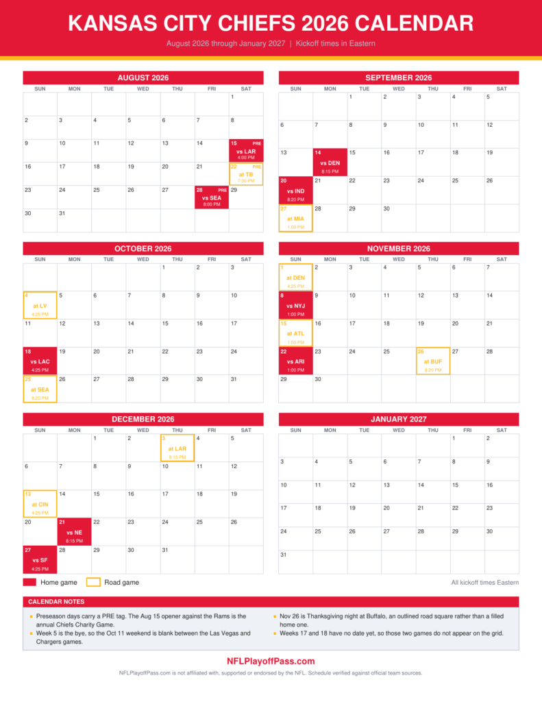 	Chiefs 2026 Wall Calendar Printout, August to January