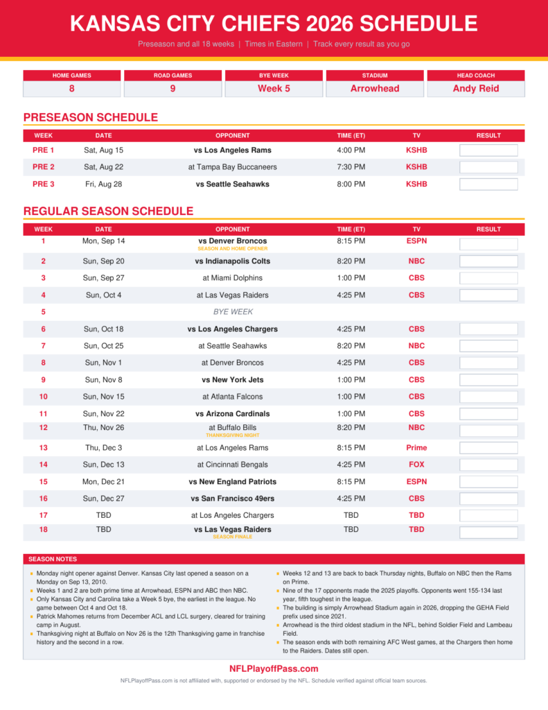 Free Printable Chiefs Schedule 2026 Download