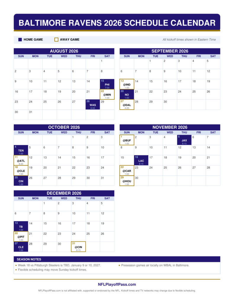 Baltimore Ravens 2026 schedule calendar showing home and away games marked by date