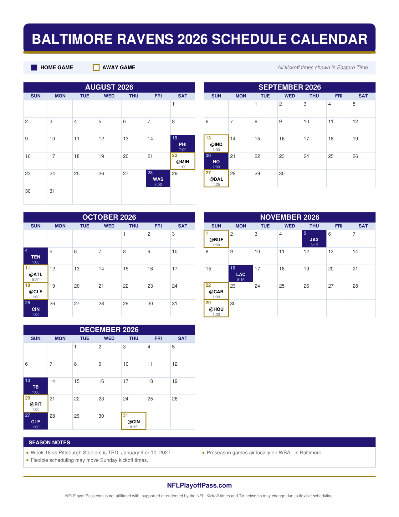 Baltimore Ravens Schedule 2026: Times, TV Channels, Printable PDF (Free)