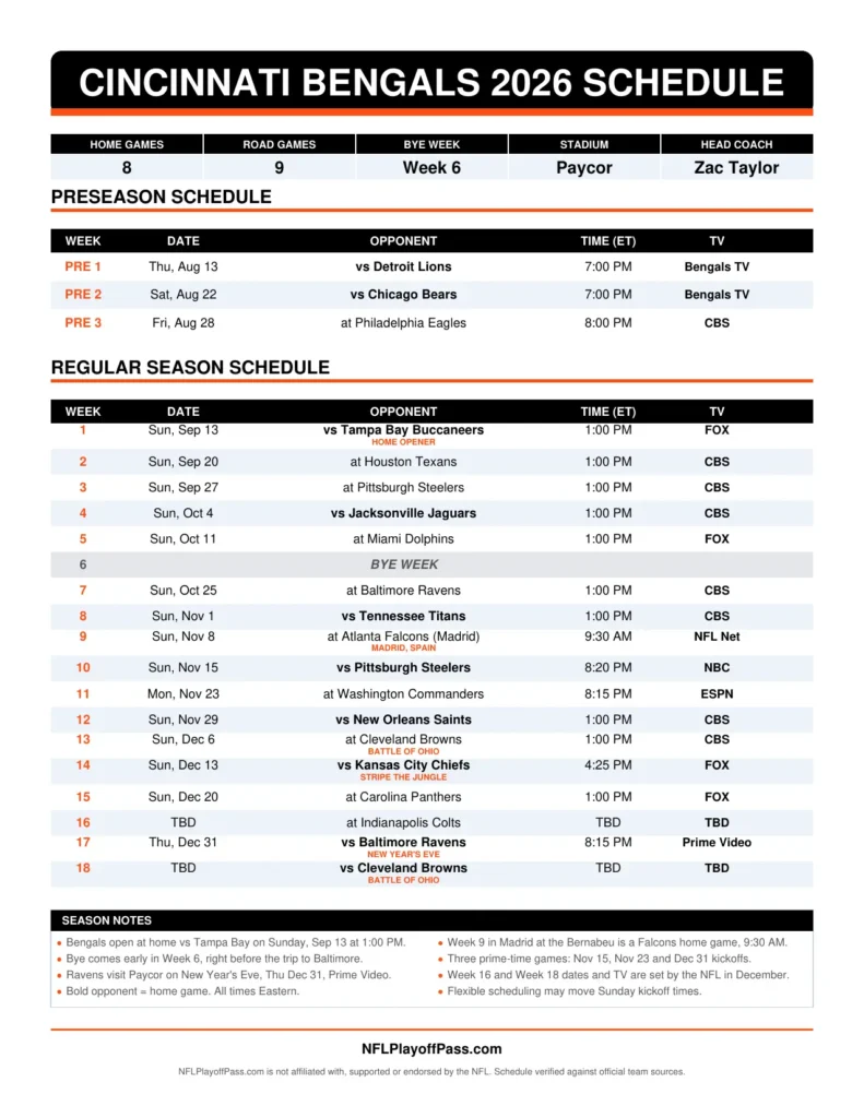 Bengals 2026 season sheet listing preseason and all 18 weeks with opponents, Eastern starts and broadcasters