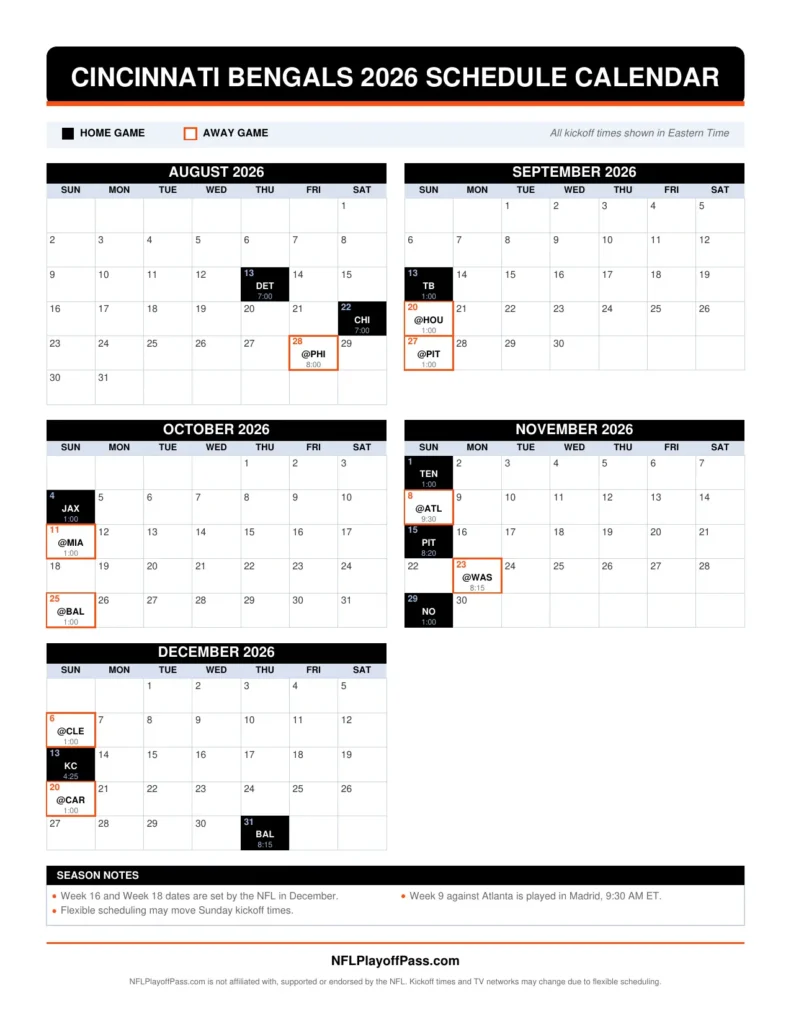 Six monthly grids of Bengals game days, black squares for Paycor Stadium dates and orange outlines for road trips