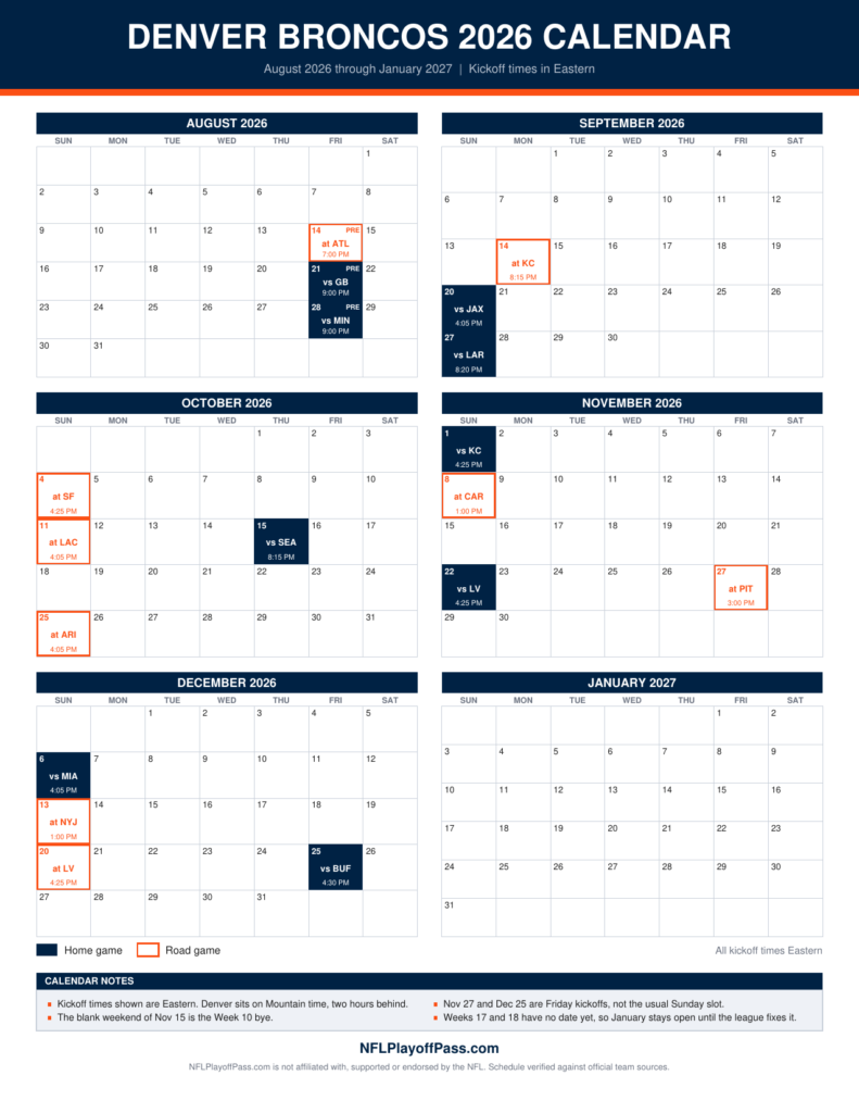 Denver Broncos 2026 wall calendar with six monthly grids and home dates in navy