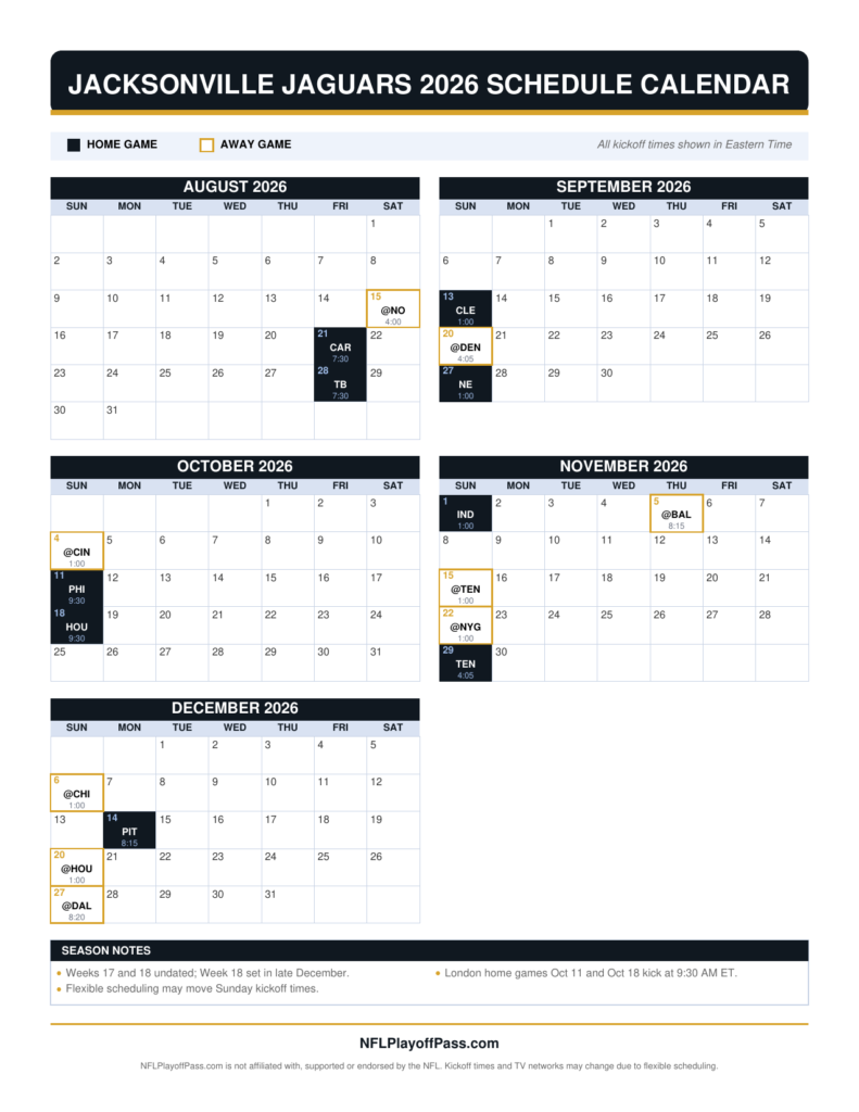 Five monthly grids of Jaguars game days, black squares for home dates and gold outlines for road trips