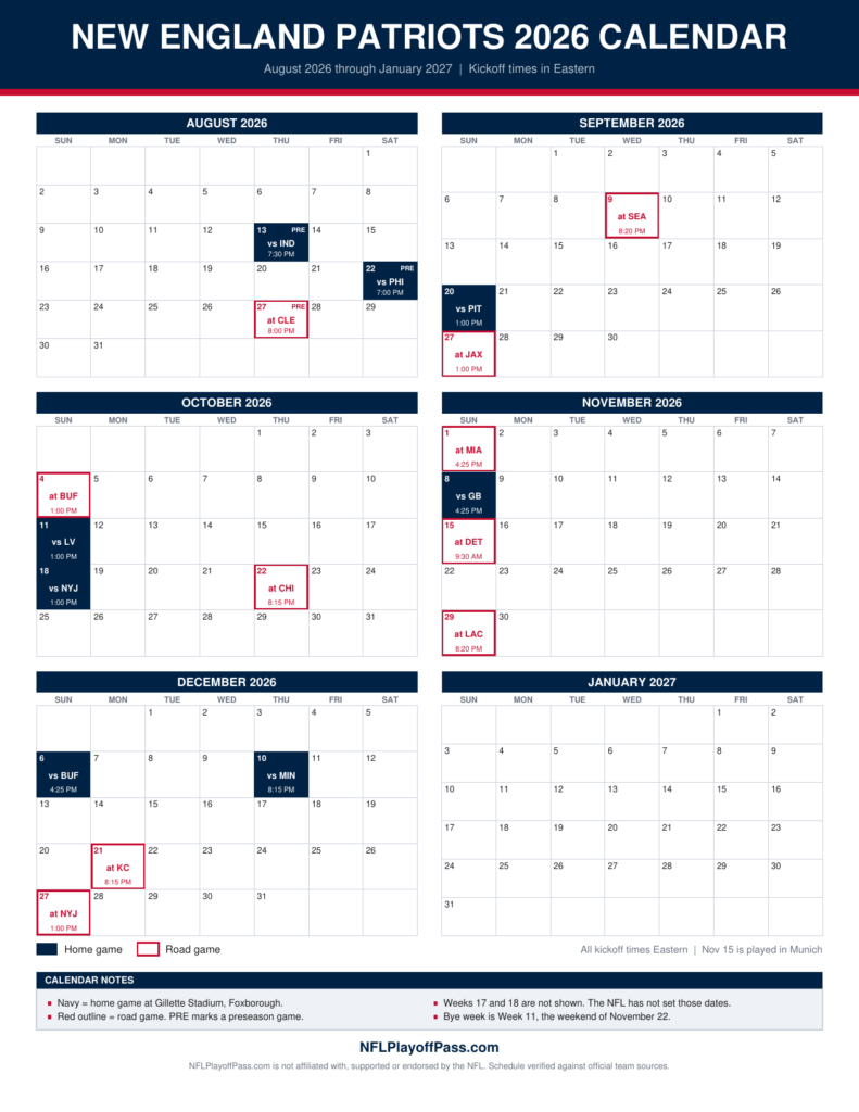 printable Patriots 2026 schedule calendar