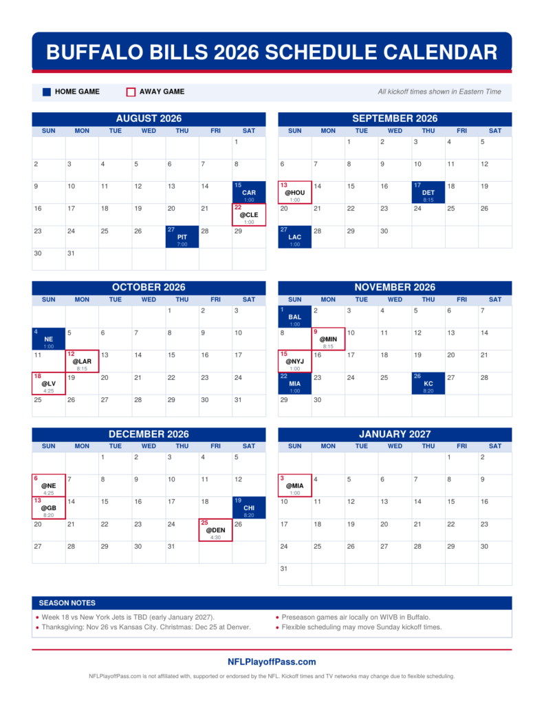 Buffalo Bills 2026 schedule calendar printable with home and away games marked