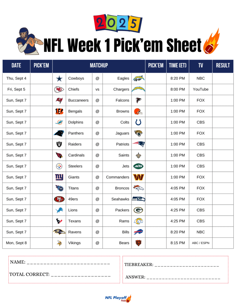 Printable NFL Week 1 Pick’em Sheet 2025