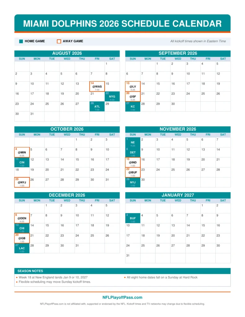 Six monthly grids of Dolphins game days, aqua squares for Hard Rock Stadium dates and orange outlines for road games