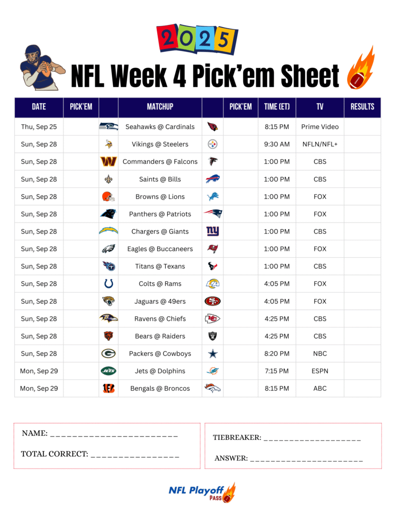 NFL Week 4 Pick’em Sheet 2025
