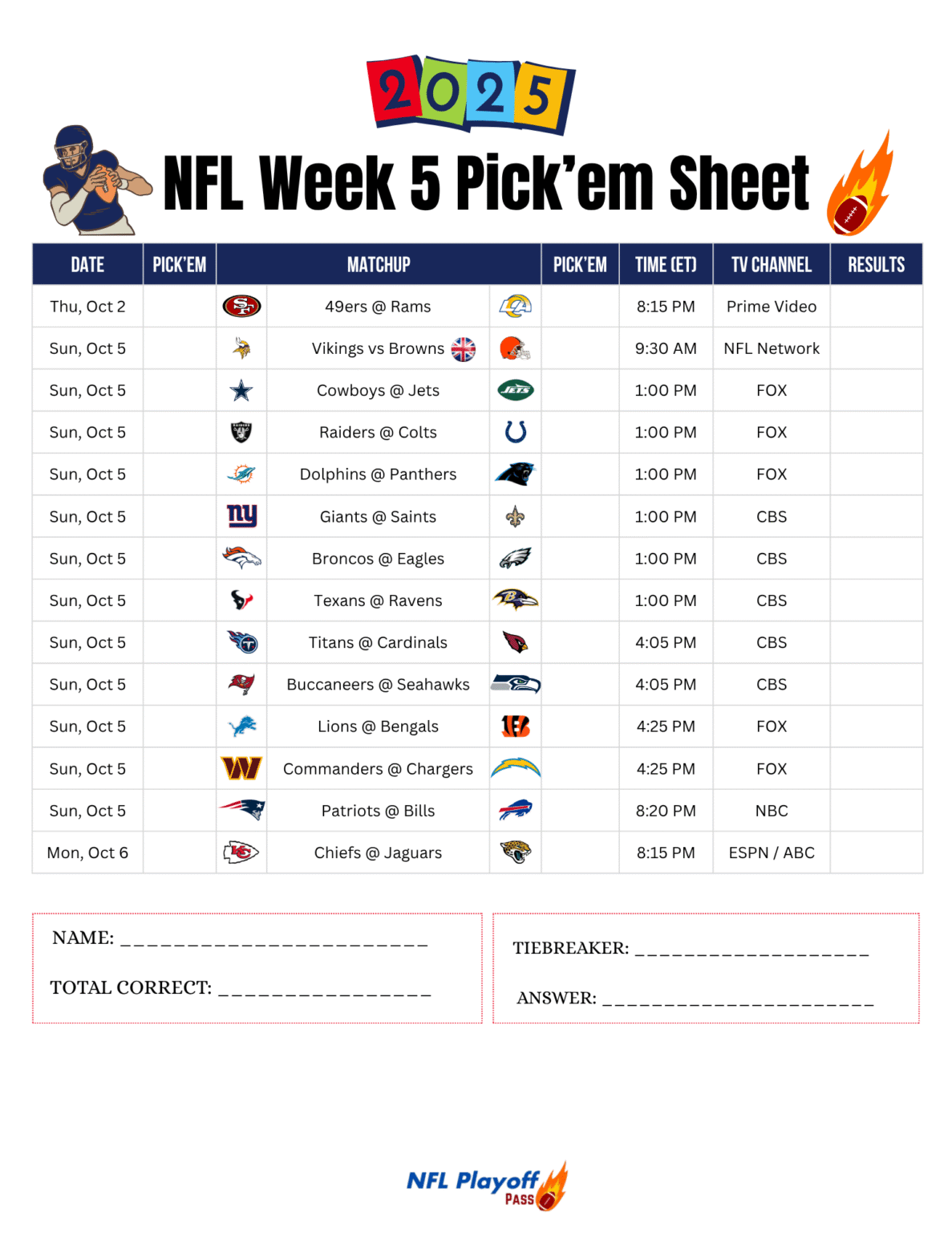 Printable NFL Week 5 Pick em Sheet 2025 Free PDF Download Printable NFL Week 5 Pick em Sheet 2025 Free PDF Download