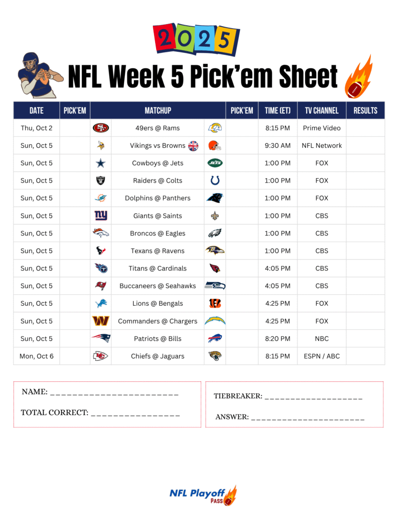 NFL Week 5 Pick’em Sheet 2025