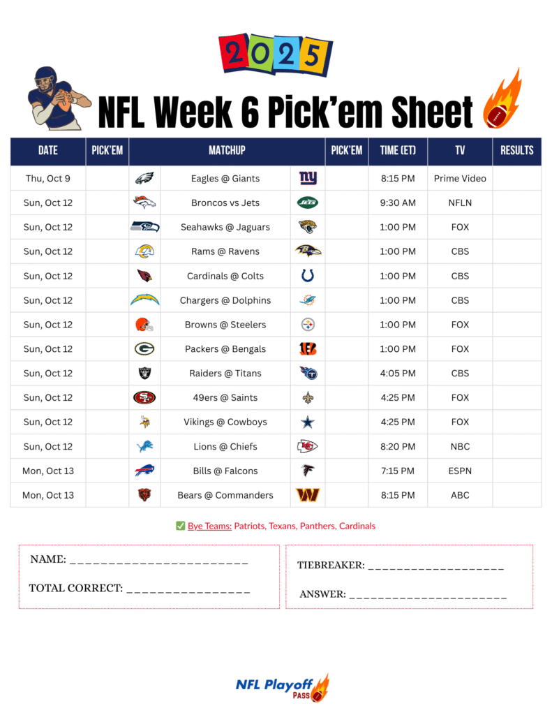 NFL Week 6 Pick’em Sheet 2025