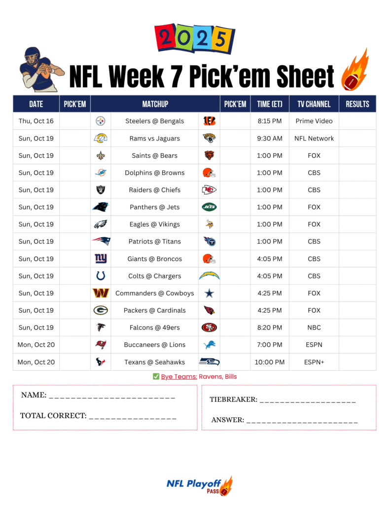 NFL Week 7 Pick’em Sheet 2025