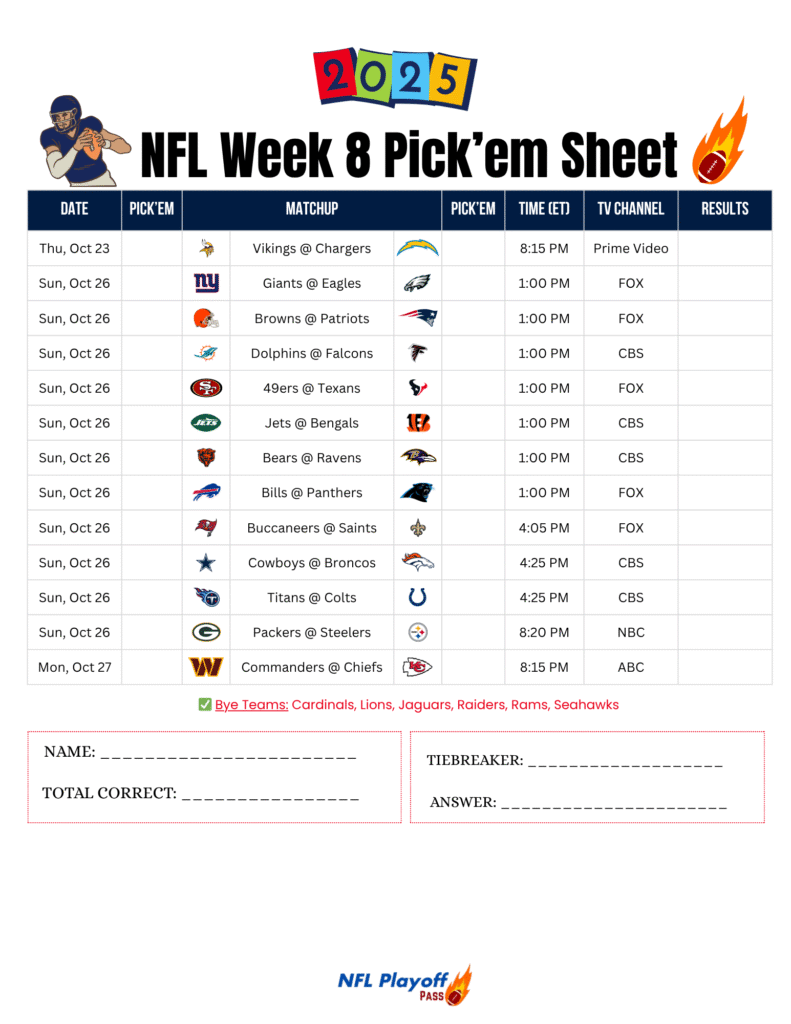 NFL Week 8 Pick’em Sheet 2025