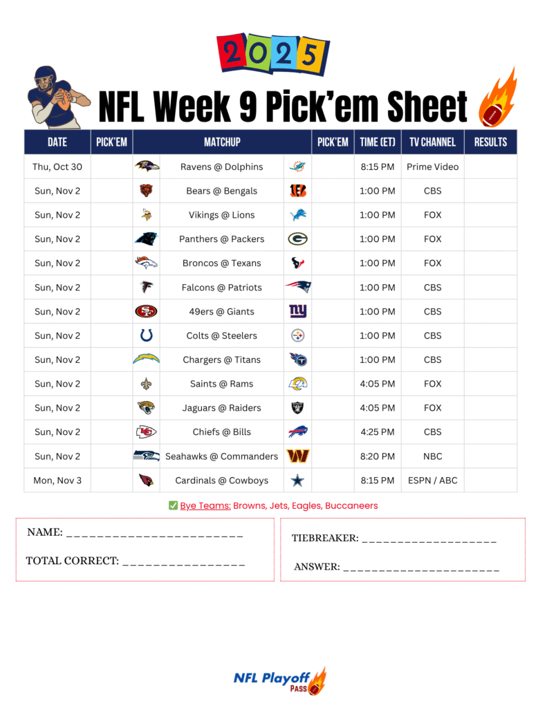 NFL Week 9 Pick’em Sheet 2025