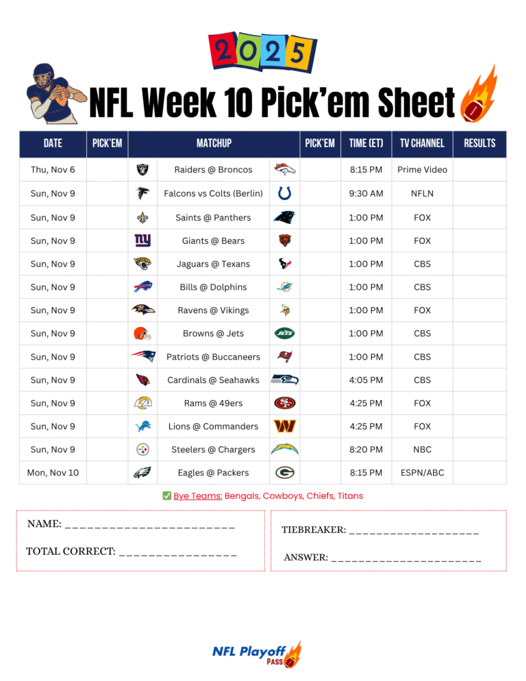NFL Week 10 game predictions sheet