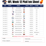 Printable NFL Week 12 Pick'em Sheet 2025