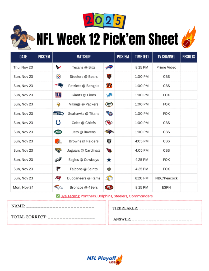 Printable NFL Week 12 Pick'em Sheet 2025