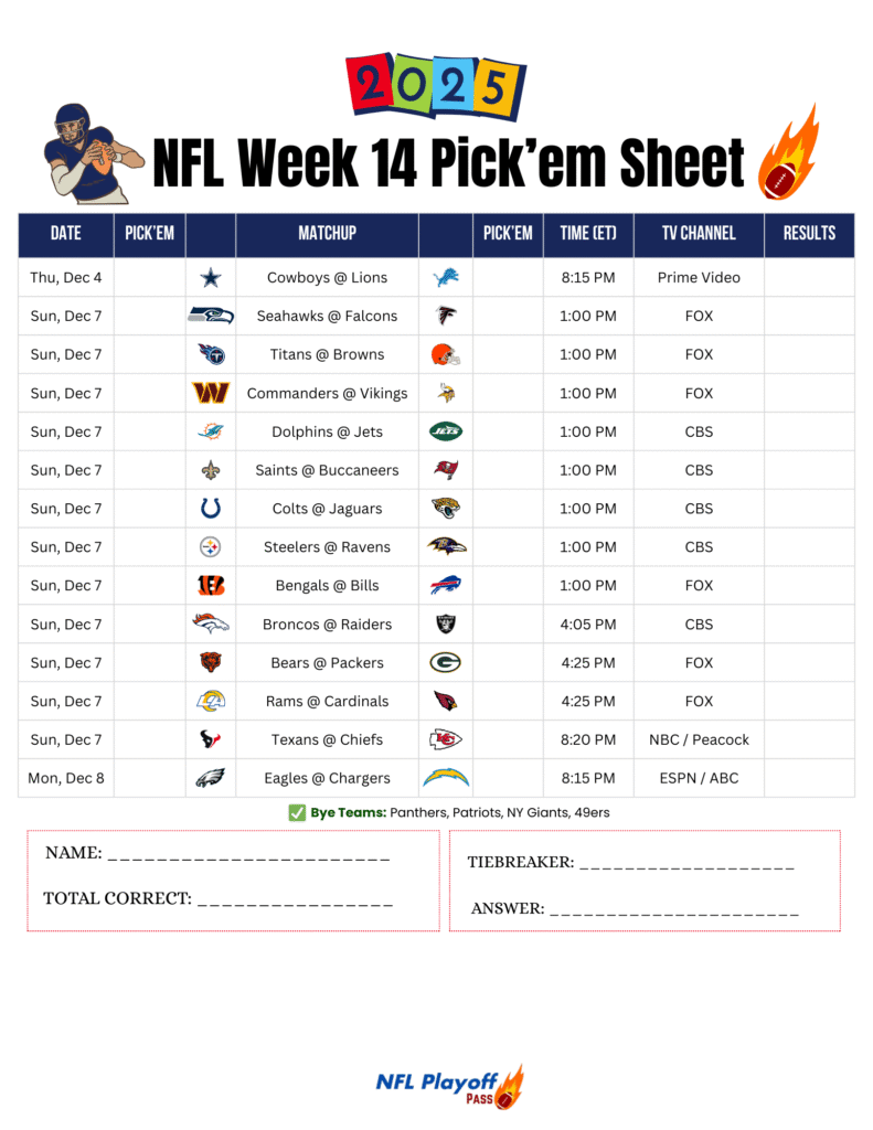 NFL Week 14 Pick'em Sheet