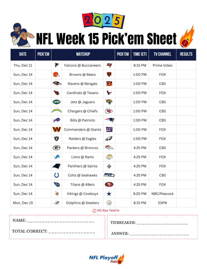 NFL Week 15 Pick’em Sheet 2025