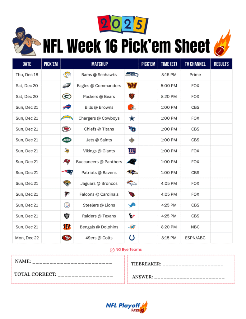 NFL Week 16 Pick’em Sheet 2025