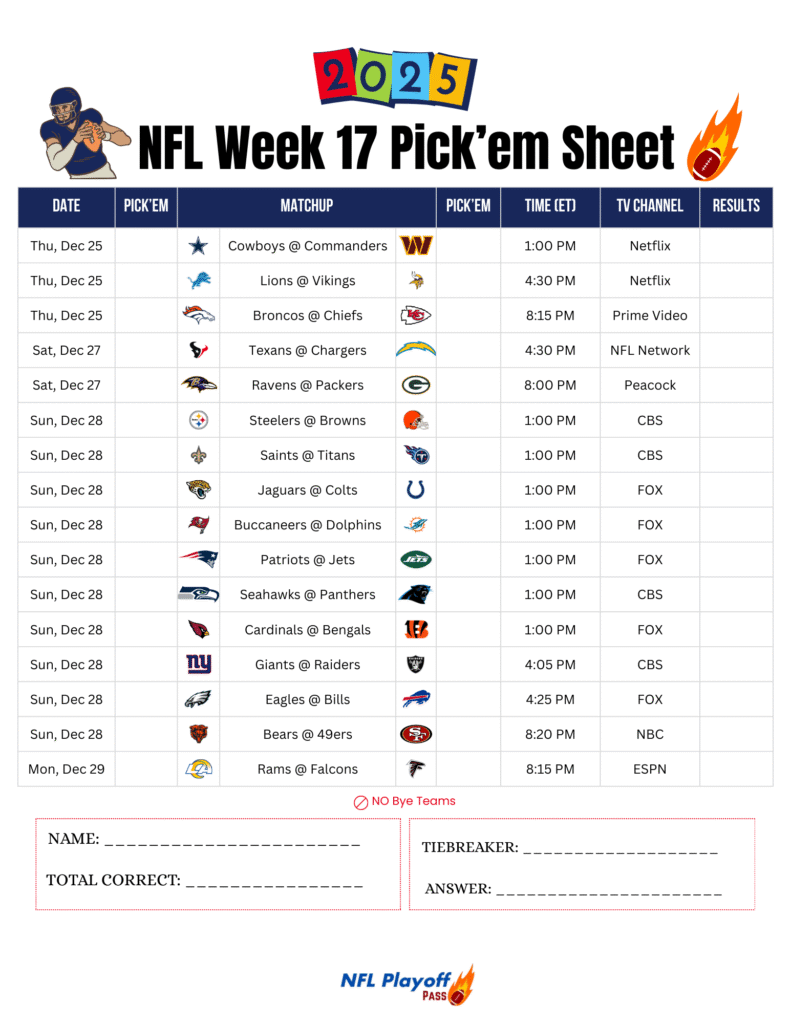 NFL Week 17 Pick’em Sheet 2025