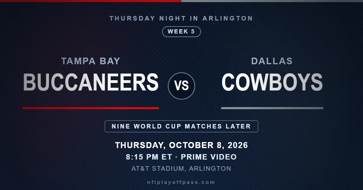 Buccaneers vs Cowboys Week 5 2026, Thursday Night Football kickoff 8:15 PM ET on October 8 at AT&T Stadium in Arlington on Prime Video