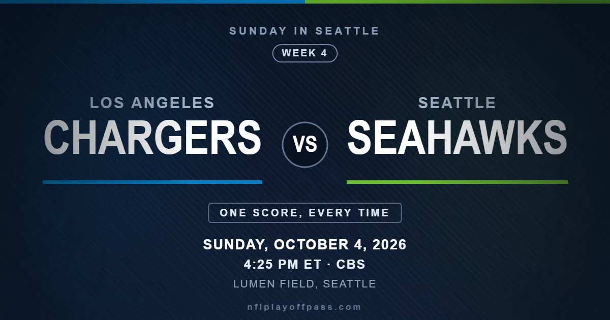 Chargers vs Seahawks Week 4 2026, kickoff 4:25 PM ET on Sunday October 4 at Lumen Field in Seattle on CBS