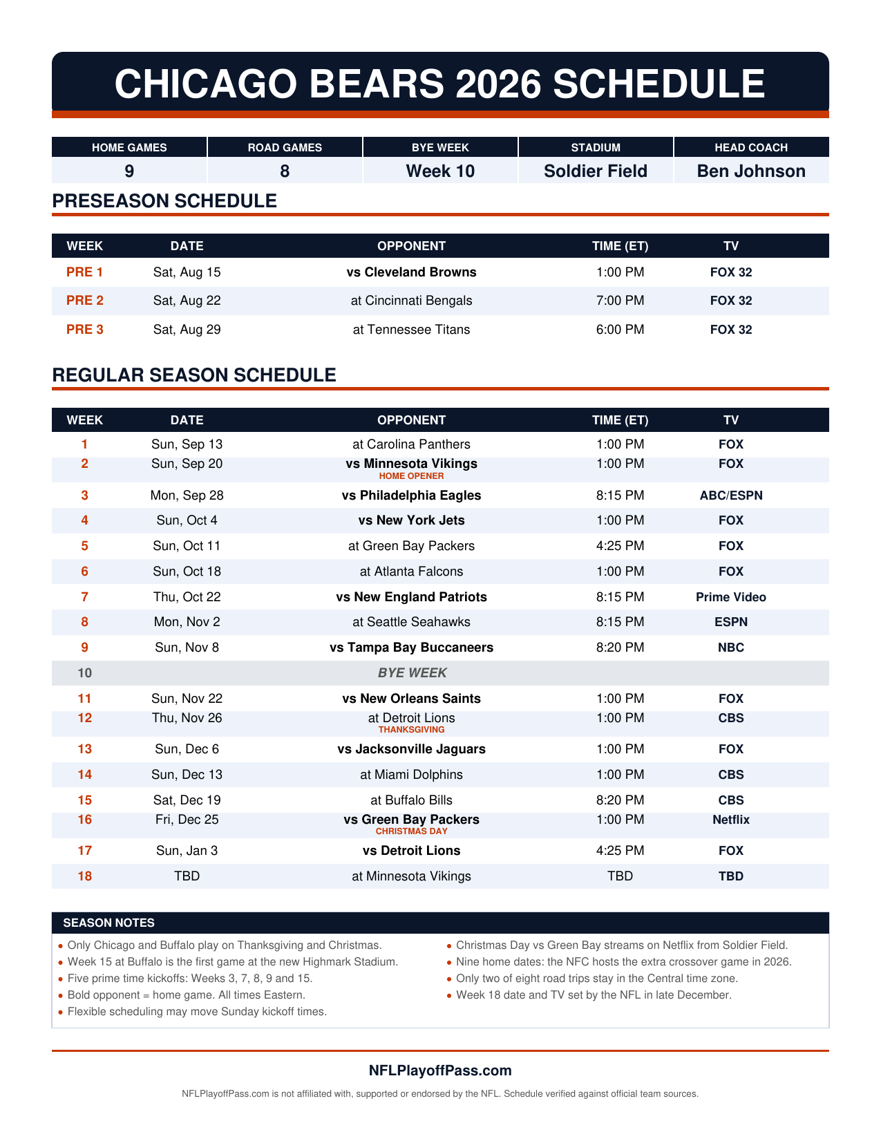 Bears 2026 season sheet listing preseason and all 18 weeks with opponents, Eastern starts and broadcasters