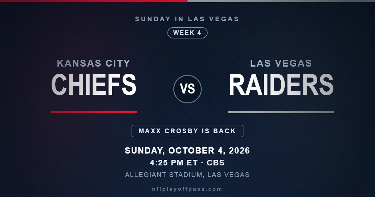 Chiefs vs Raiders Week 4 2026, kickoff 4:25 PM ET on Sunday October 4 at Allegiant Stadium in Las Vegas on CBS
