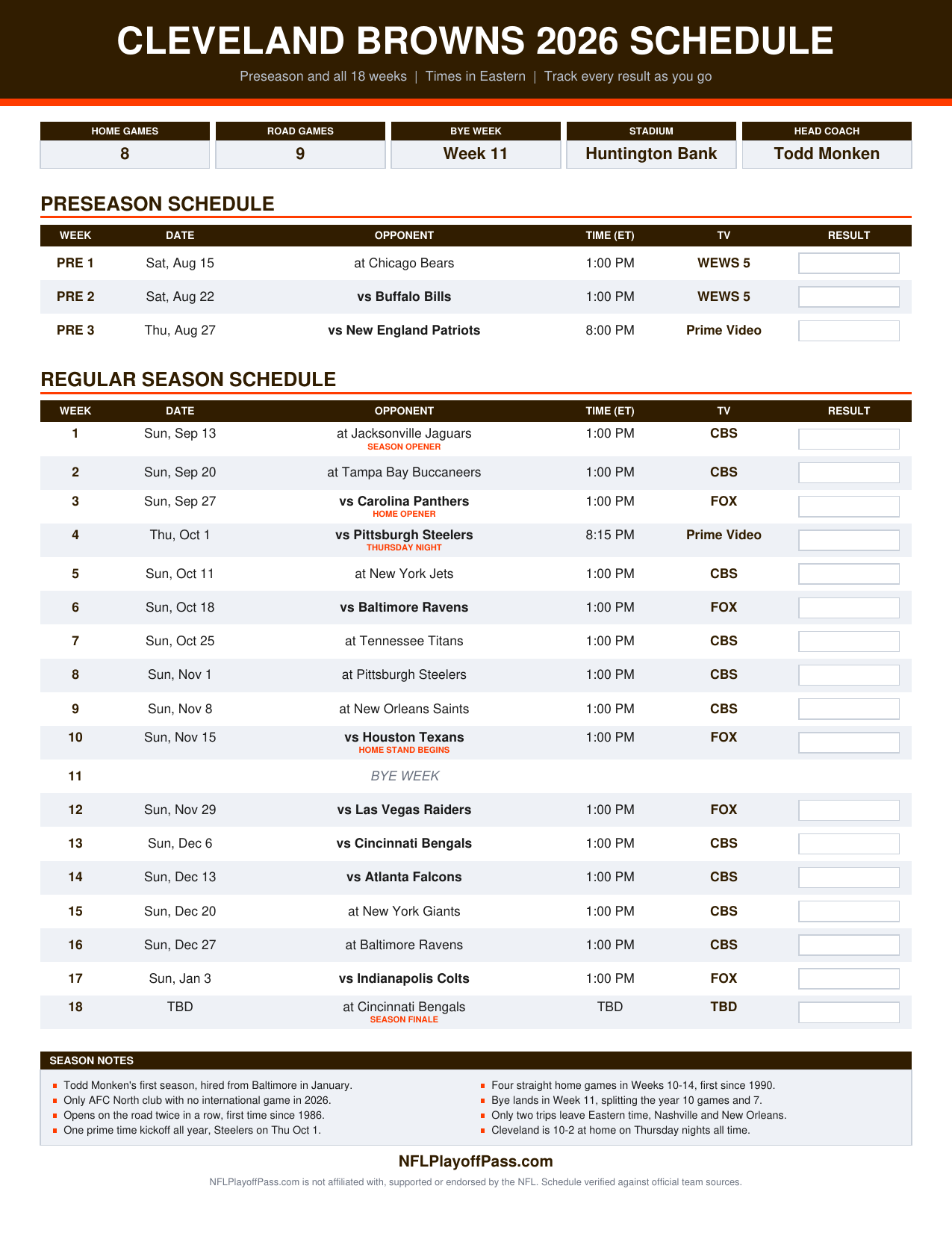 Browns 2026 schedule printout with all 18 weeks and preseason on one page