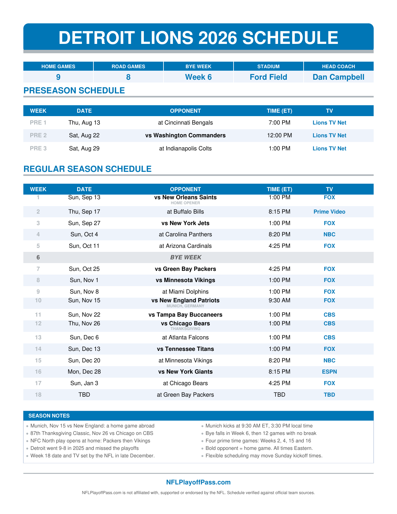 Lions 2026 season sheet listing preseason and all 18 weeks with opponents, Eastern kickoff times and broadcasters