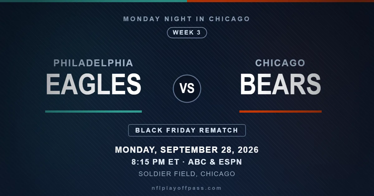 Eagles vs Bears Week 3 2026, Monday Night Football kickoff 8:15 PM ET on September 28 at Soldier Field in Chicago on ABC and ESPN