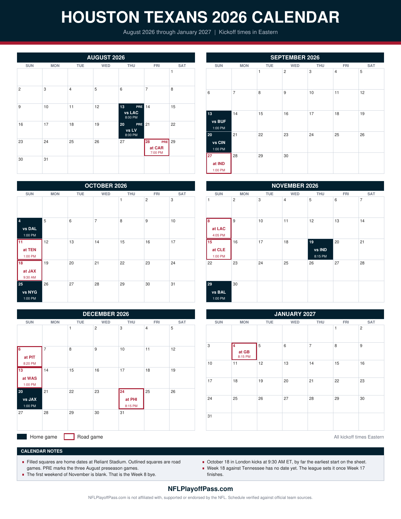 Houston Texans 2026 schedule calendar printable with home and away games marked