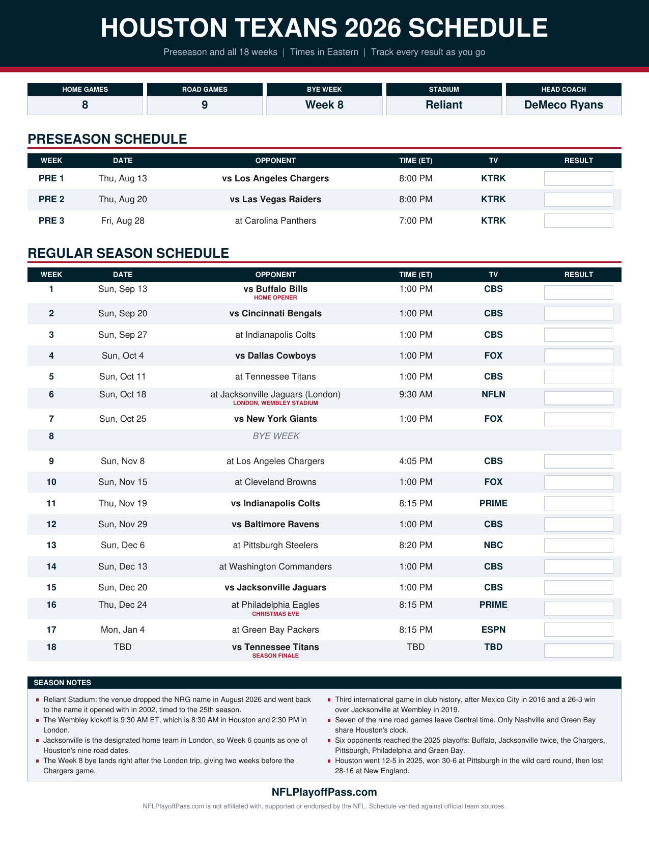 Printable Houston Texans schedule 2026 with dates, kickoff times and TV channels
