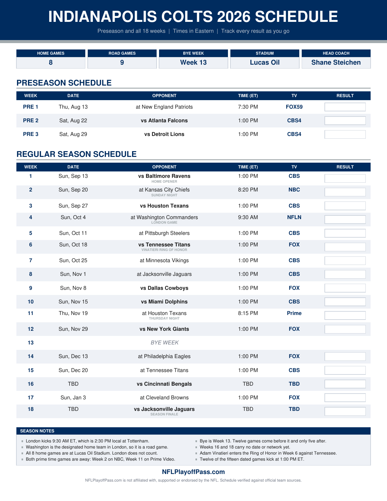 Colts 2026 season sheet listing preseason and all 18 weeks with opponents, Eastern starts and broadcasters