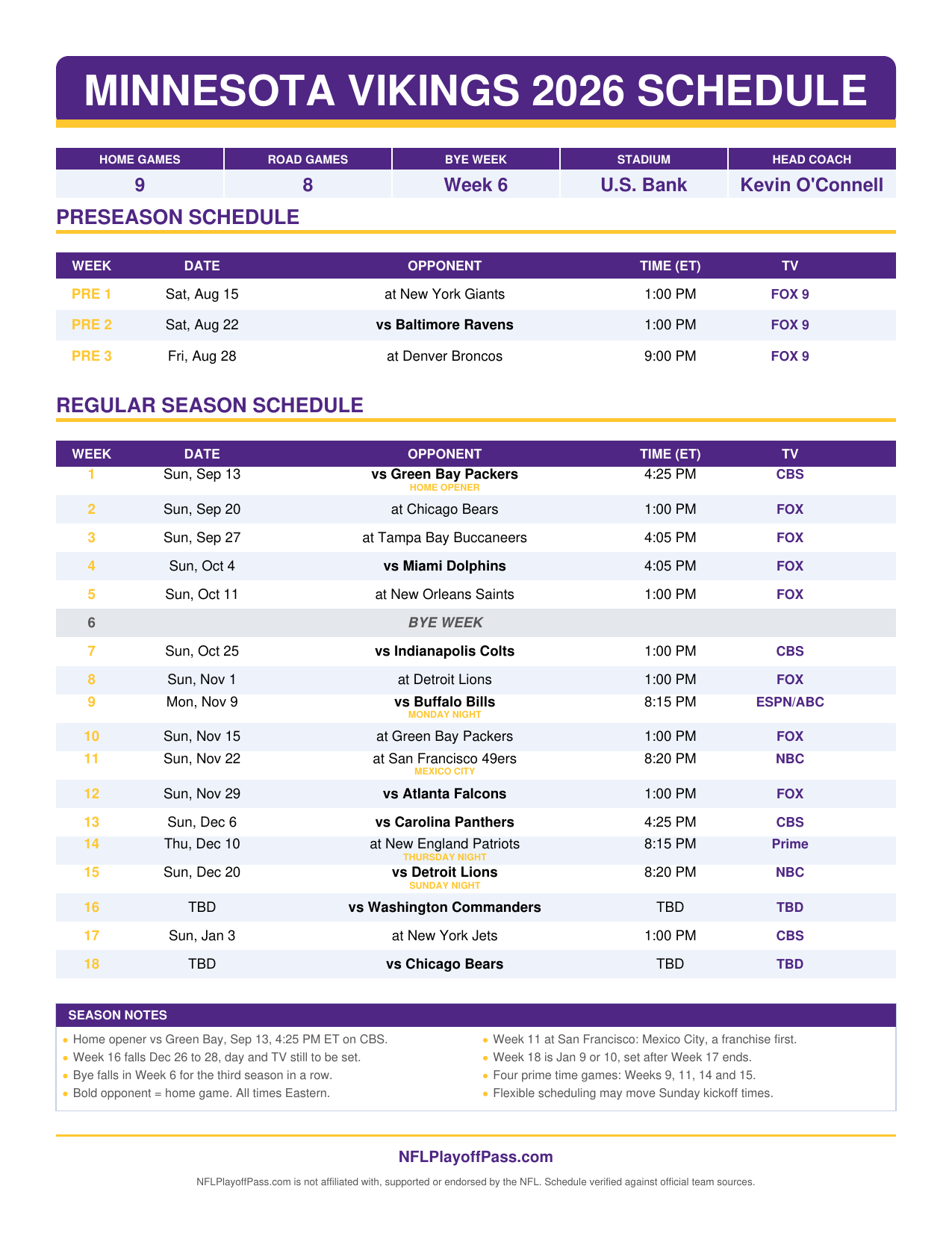 Vikings 2026 season sheet listing preseason and all 18 weeks with opponents, Eastern starts and broadcasters