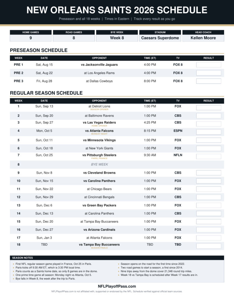 Saints 2026 season sheet listing preseason and all 18 weeks with opponents, Eastern kickoffs and broadcasters