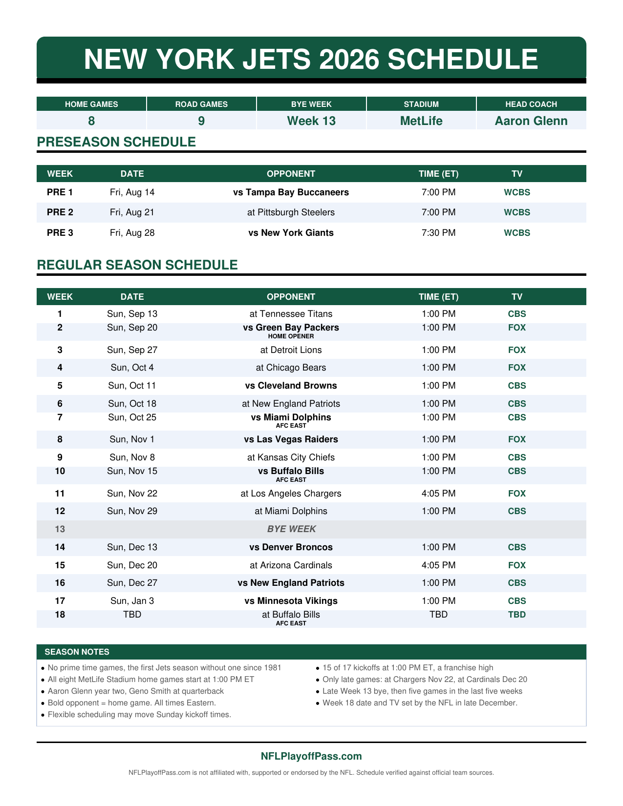 Jets 2026 schedule printout with preseason and all 18 weeks on one page