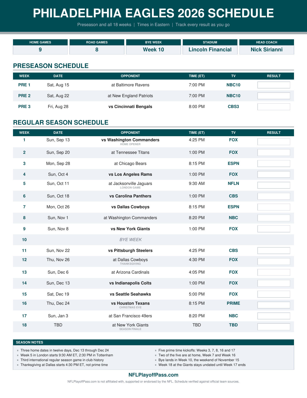 Eagles 2026 season sheet listing preseason and all 18 weeks with opponents, Eastern starts and broadcasters