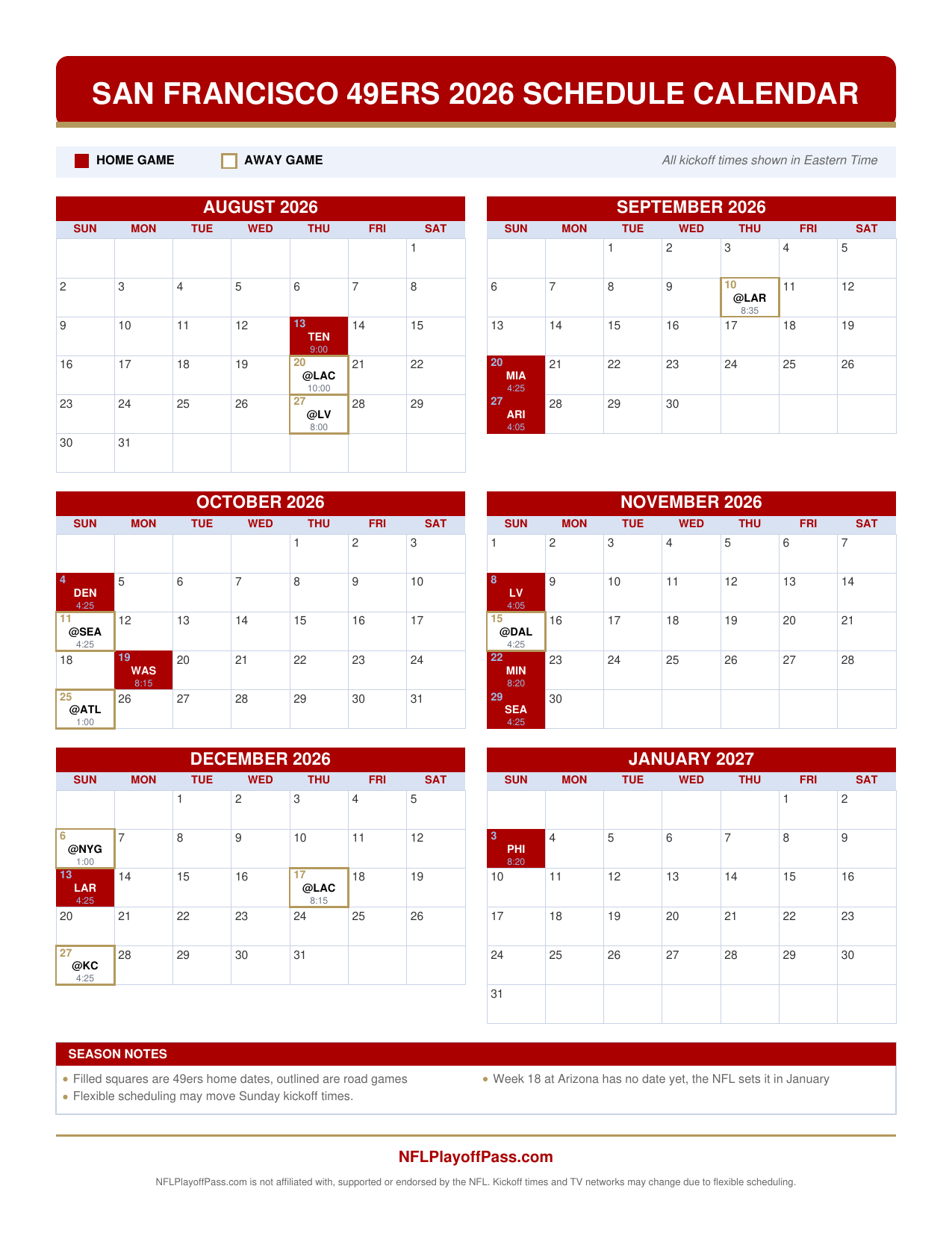 Six monthly grids of 49ers game days, red squares for home dates and gold outlined road trips, Aug to Jan