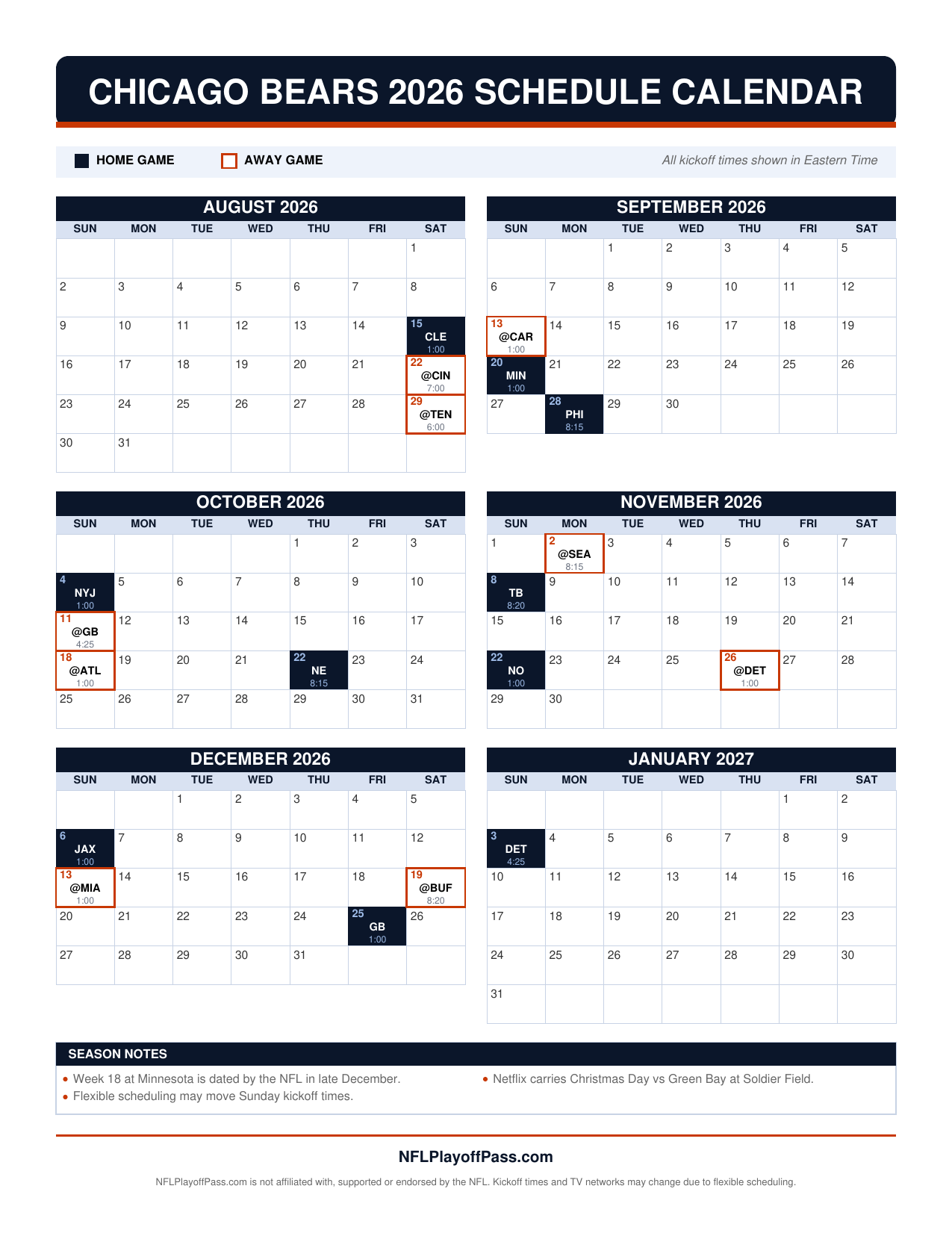 Six monthly grids of Bears game days, navy squares for Soldier Field dates and orange outlines for road trips