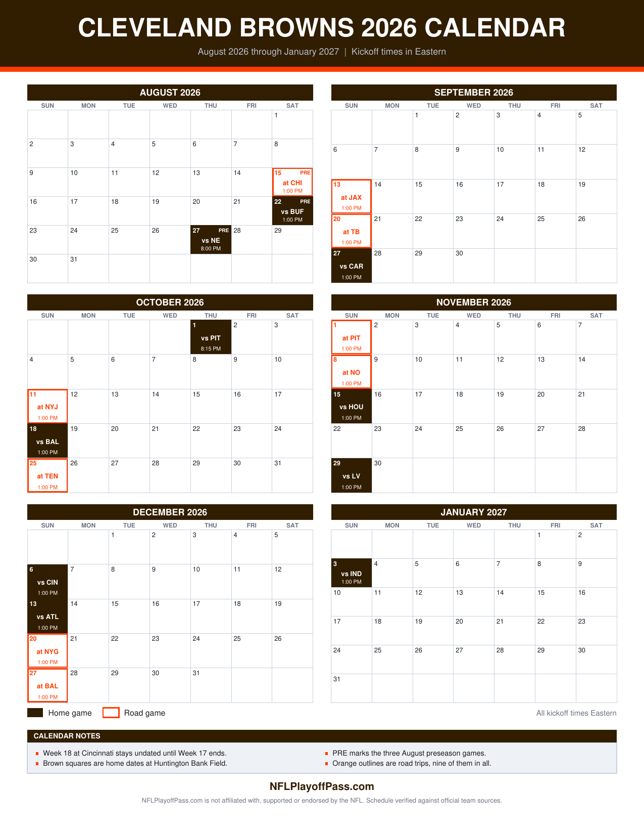 Six monthly grids of Browns game days, brown squares for home dates and orange outlines for road trips