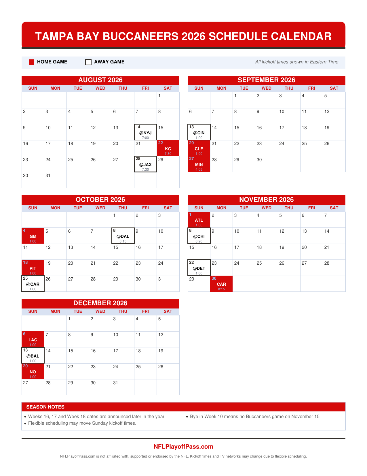 Five monthly grids of Buccaneers game days, red squares for Raymond James Stadium dates and outlines for road trips