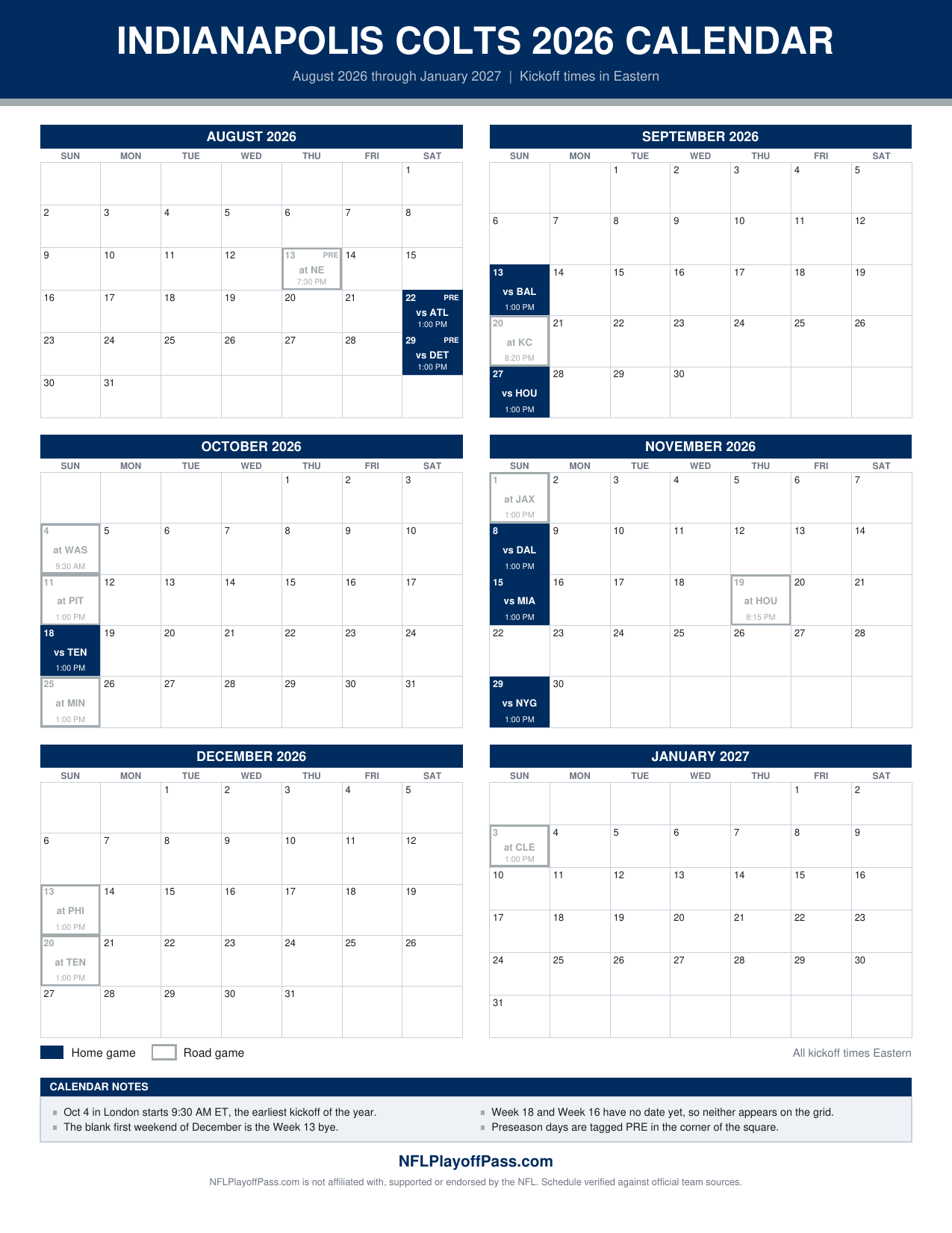 Six monthly grids of Colts game days, navy squares for Lucas Oil Stadium dates and silver outlines for road trips