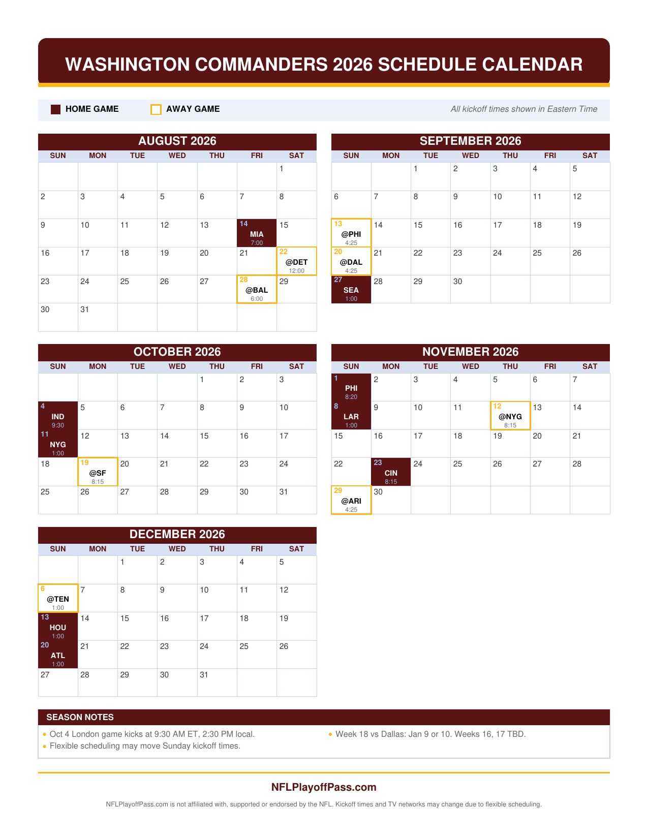Five monthly grids of Commanders game days, burgundy squares for Northwest Stadium dates and gold outlines for road trips