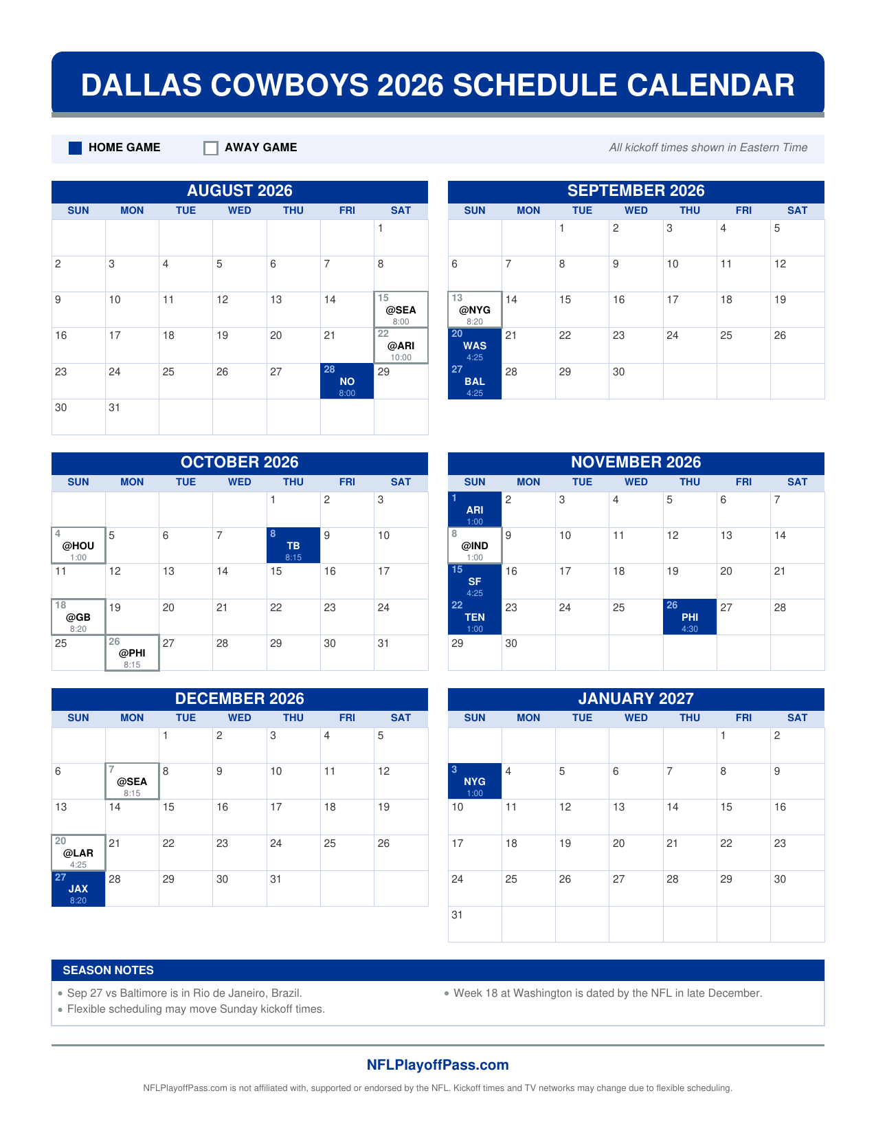 Six monthly grids of Cowboys game days, navy squares for AT&T Stadium dates and silver outlines for road trips