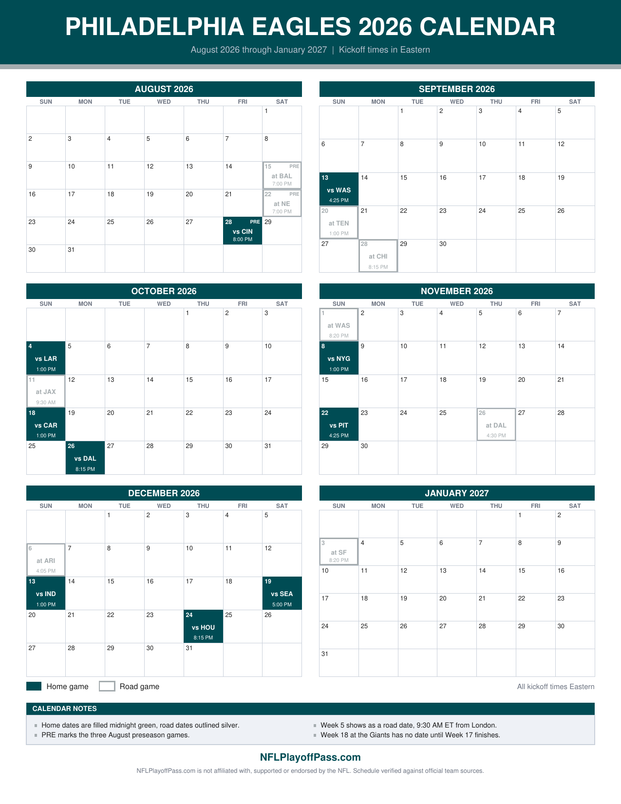 Six monthly grids of Eagles game days, midnight green squares for Lincoln Financial Field dates and silver outlines for road trips